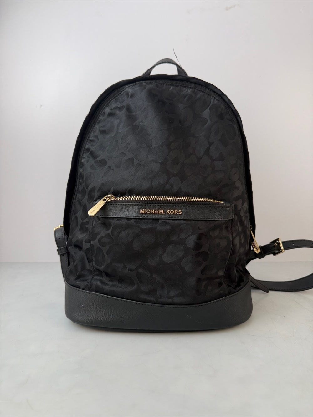 Michael Kors Black Leopard-Print Nylon Backpack with Gold Hardware